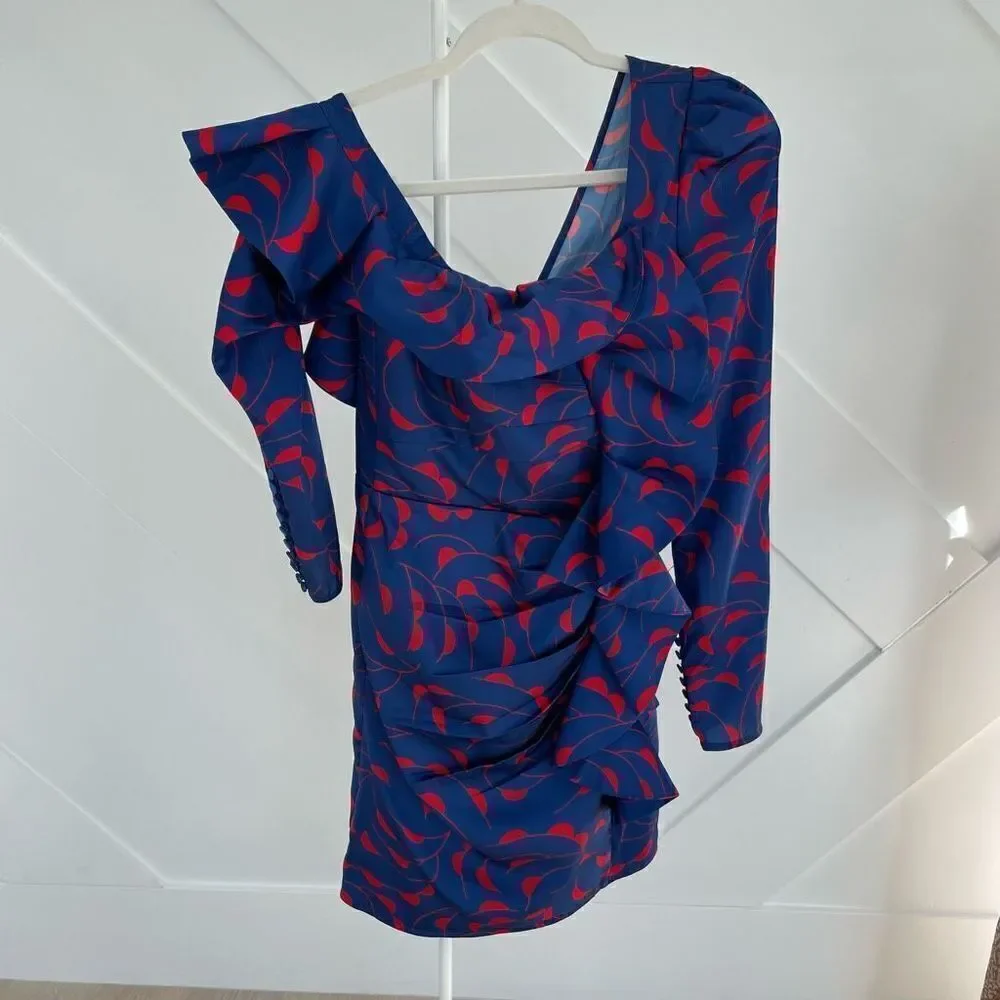 Self Portrait Blue Red One Shoulder Ruffle Dress - Picture 5 of 13